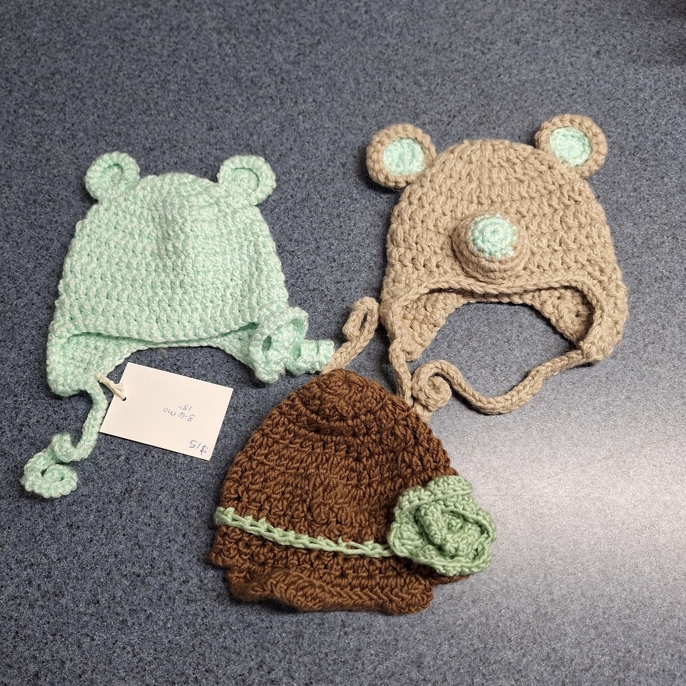 406 Yarn Creations Crocheted Cap & Bear Ear Flap Hats, Size 3-6 Months, NWT
